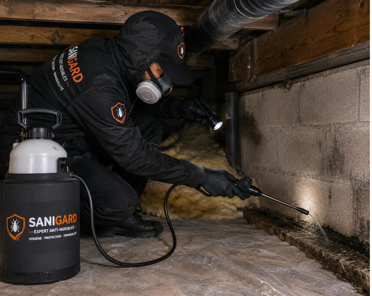 Technicien SANIGARD inspectant un espace technique à la lampe torche