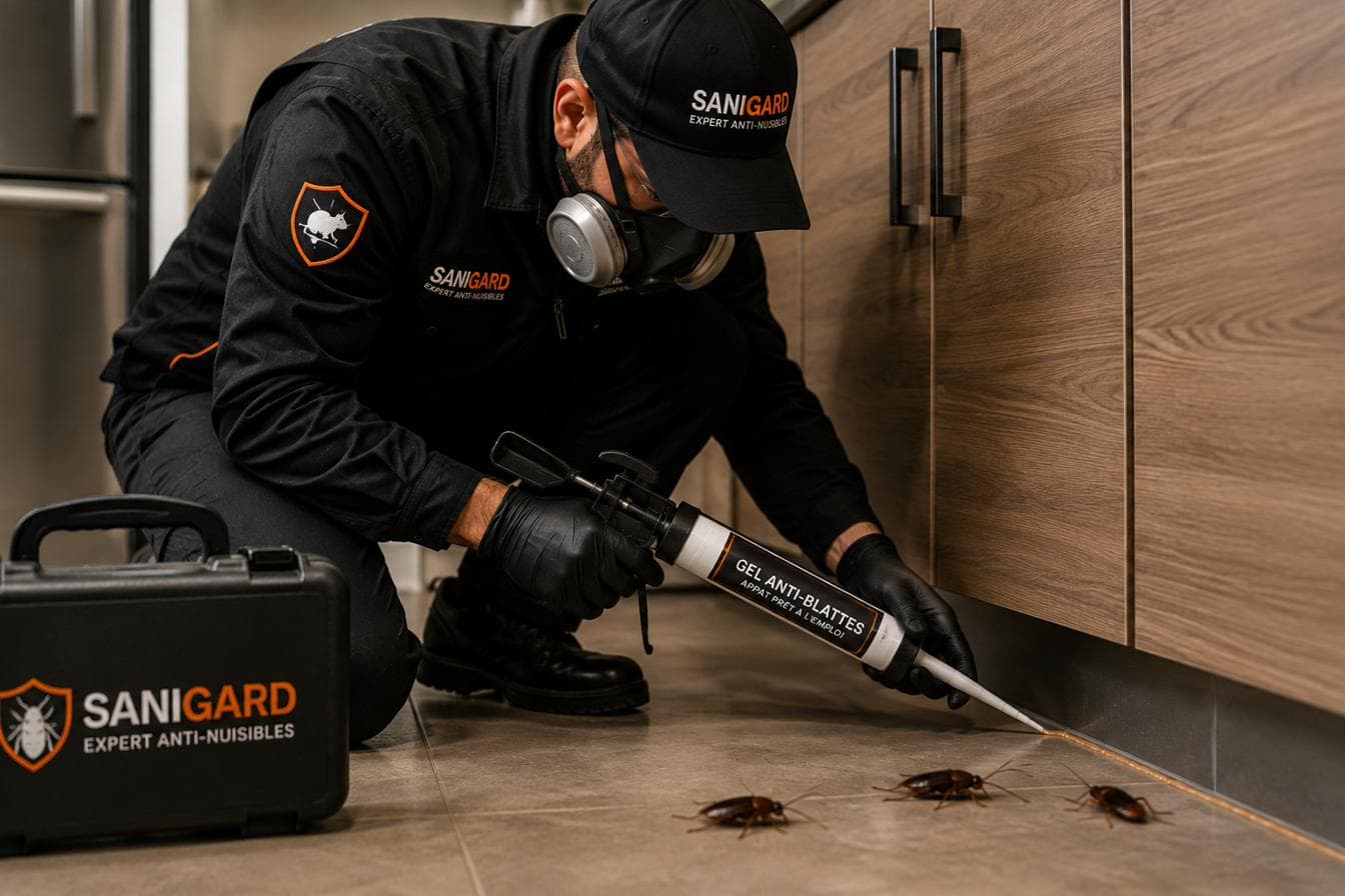 Technicien SANIGARD appliquant un gel insecticide au pied d'un meuble de cuisine