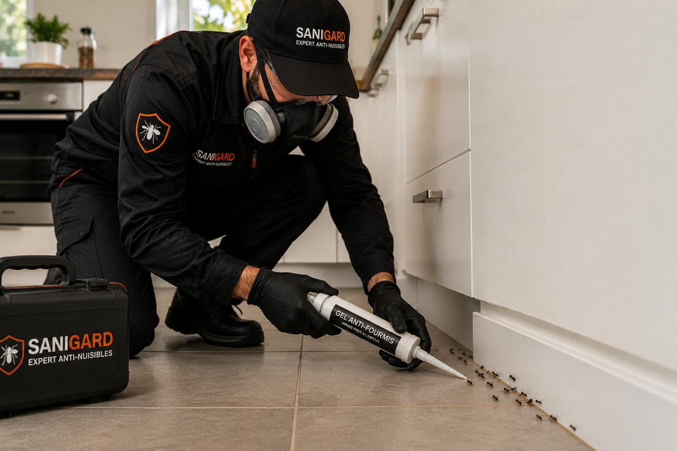 Technicien SANIGARD appliquant un gel anti-fourmis le long d'une plinthe de cuisine