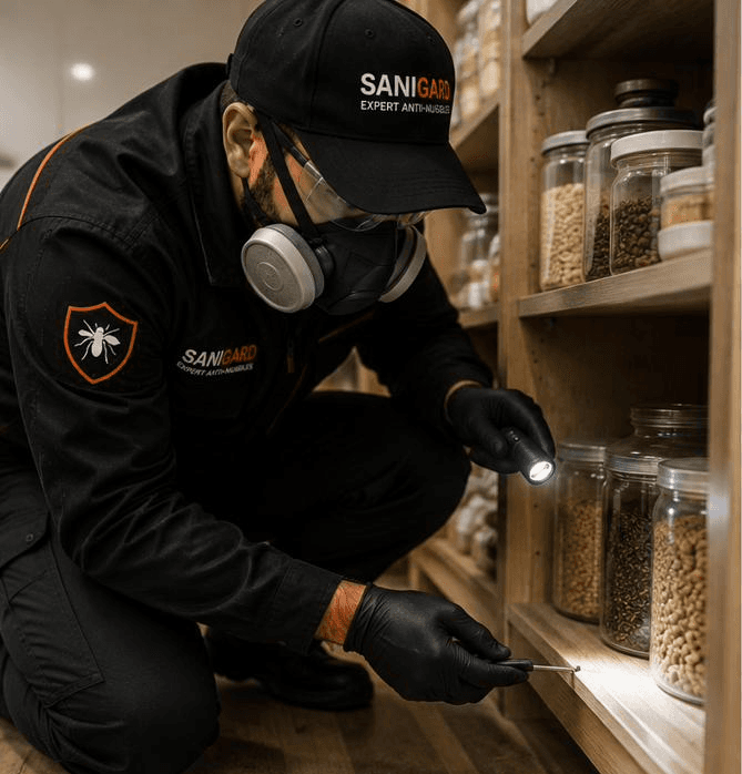 Technicien SANIGARD inspectant un garde-manger à la lampe torche