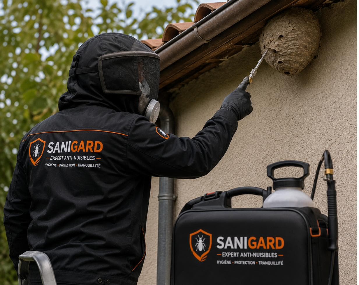 Technicien SANIGARD en tenue de protection traitant un nid de guêpes sous une toiture