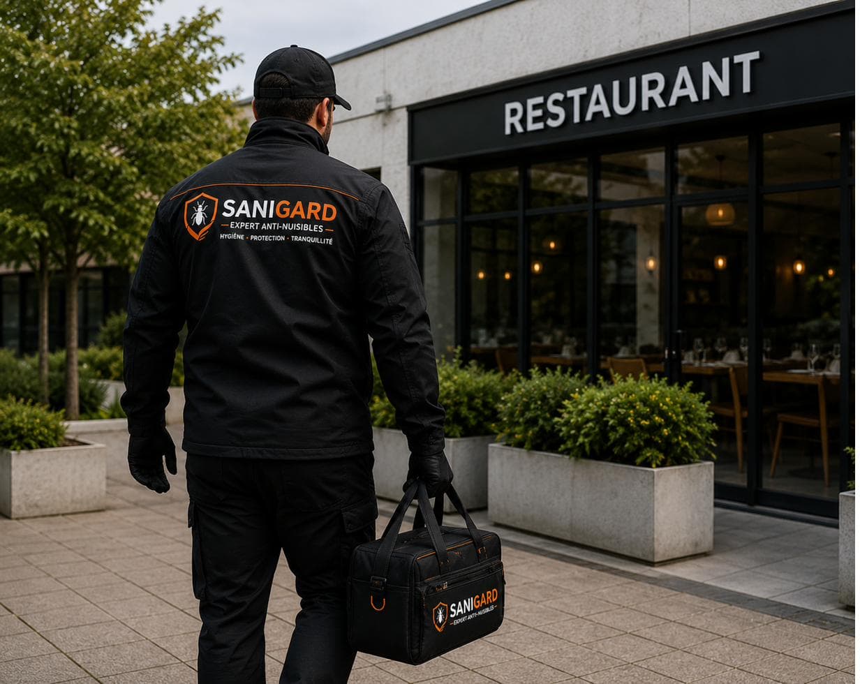 Technicien SANIGARD arrivant devant un restaurant, sacoche d'intervention à la main