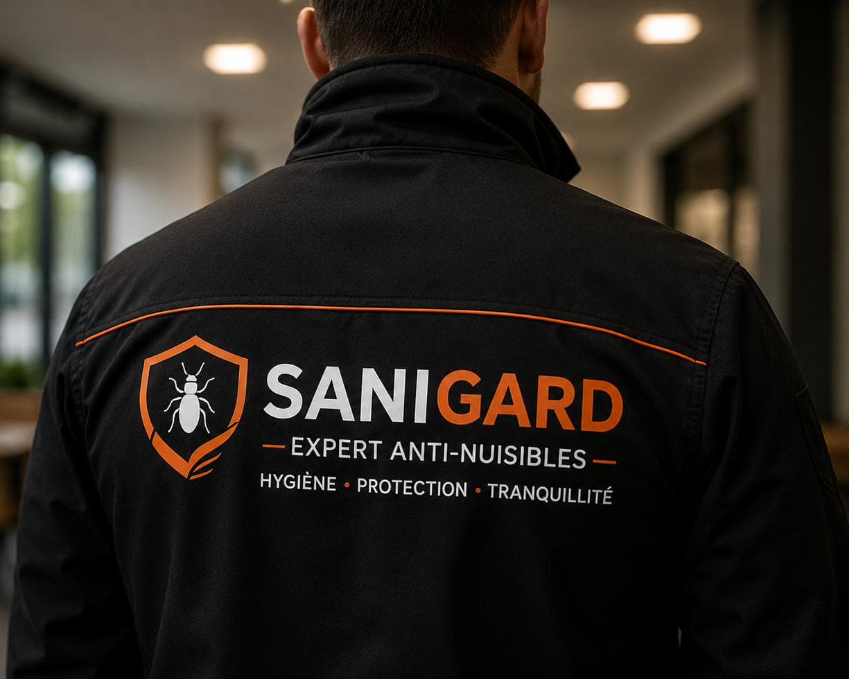Technicien SANIGARD en tenue d'intervention, vue de dos, en établissement professionnel