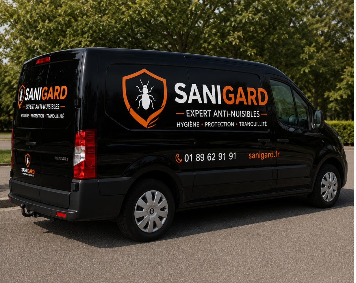Véhicule de service SANIGARD floqué, garé en zone d'intervention